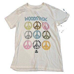 Woodstock Peace Sign Graphic T-Shirt White Medium 2021 Retro Festival NWT